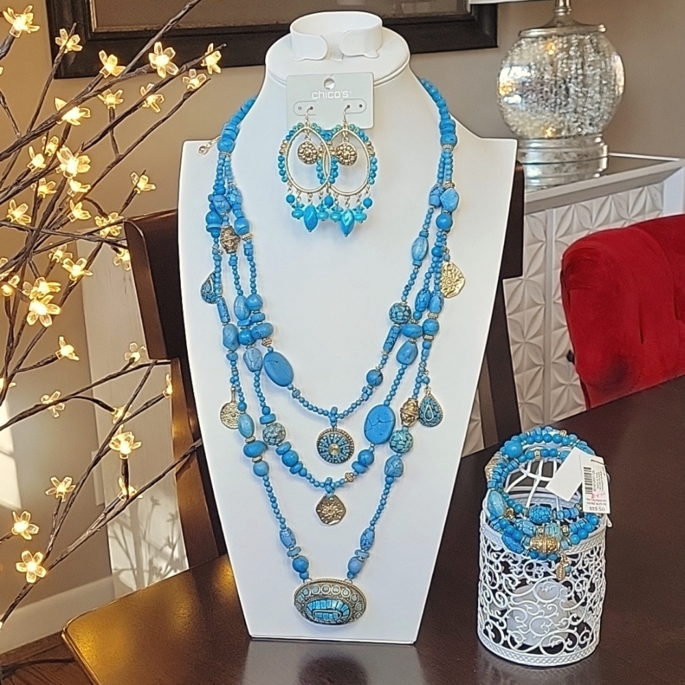 Chico's Turquoise-Hued Pendant Necklace, Coil Bracelet & Drop-Hoop Earrings